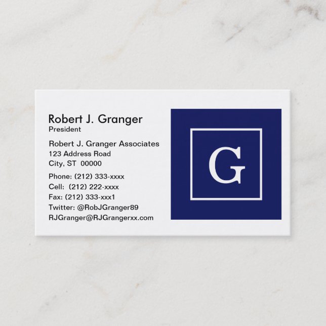 Carte De Visite Monogram initial de la Navy Blue White Framed (Devant)