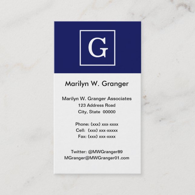 Carte De Visite Monogram initial de la Navy Blue White Framed (Devant)