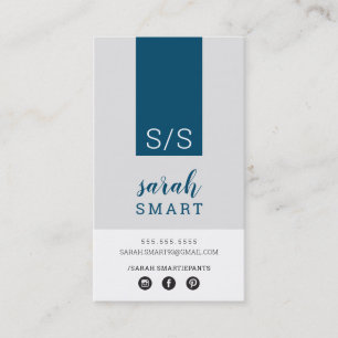 Carte De Visite MONOGRAM INITIALS, onglet marine moderne gris blan