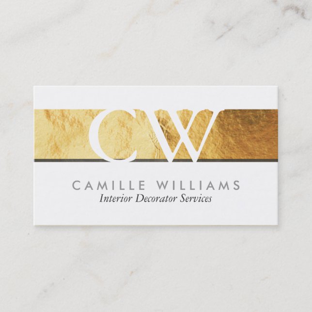 Carte De Visite MONOGRAM LOGO bande brillante dorée brillante gris (Devant)