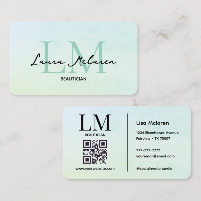 Carte De Visite Monogram Luxe Aesthetics Mint Pastel Code QR (Devant / Derrière)