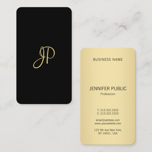 Carte De Visite Monogram Modèle tendance élégant Black Gold modern (Devant / Derrière)