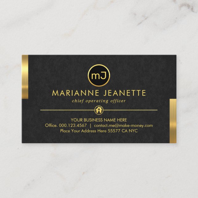 Carte De Visite Monogram Name Grey Grunge Gold Tabs (Devant)