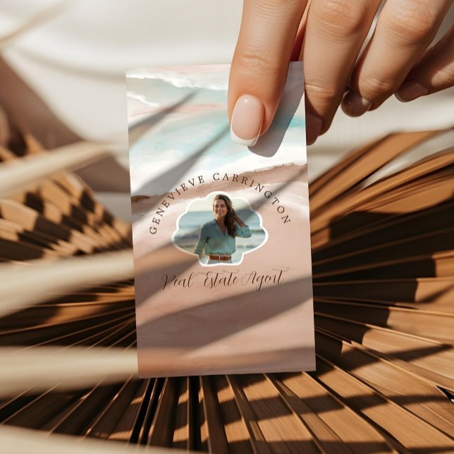 Carte De Visite Monogram Shell Costal Property Photo Immobilier (Watercolor Costal Beach Shoreline Real Estate Business Card (Front))