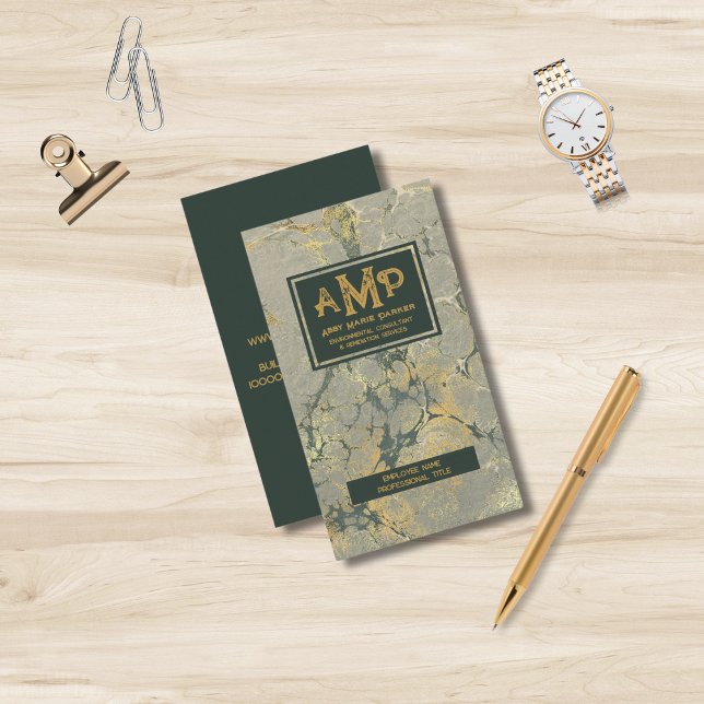 Carte De Visite Monogramme à 3 lettres d'or et vert (Créateur téléchargé)