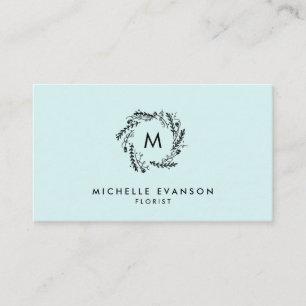 Carte De Visite Monogramme Aqua Blue et Black Floral Wreath
