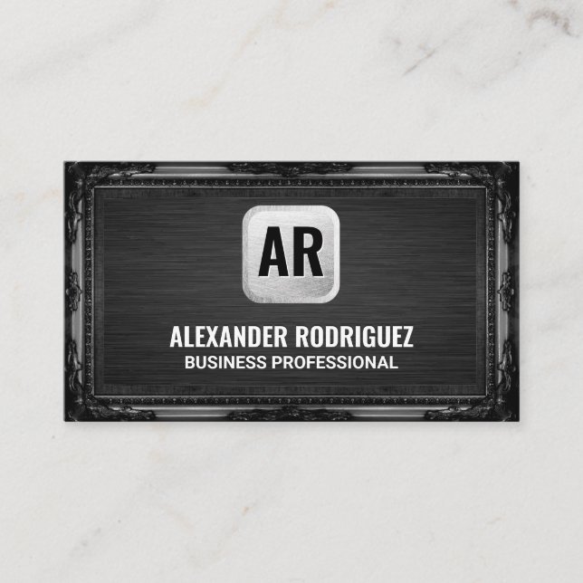 Carte De Visite Monogramme Argent de sauvegarde | Cadre noir antiq (Devant)