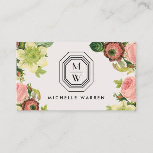 Carte De Visite Monogramme Art Déco avec fleurs Vintages sur Tan