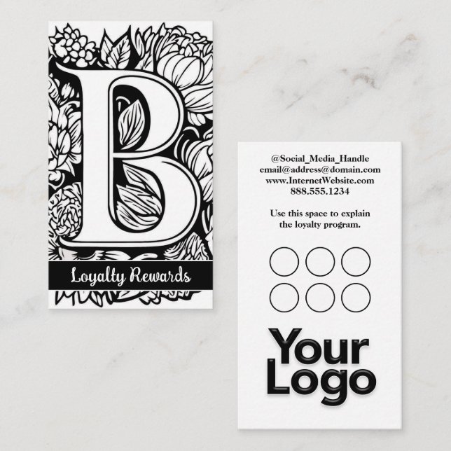 Carte De Visite Monogramme B Floral Black and White Company Logo (Devant / Derrière)