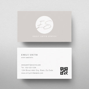 Carte De Visite Monogramme beige féminin moderne Code QR