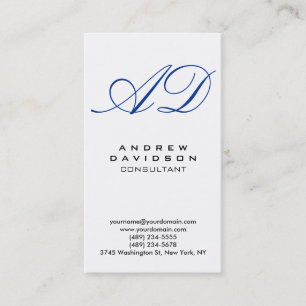 Carte de visite Monogramme blanc bleu vertical