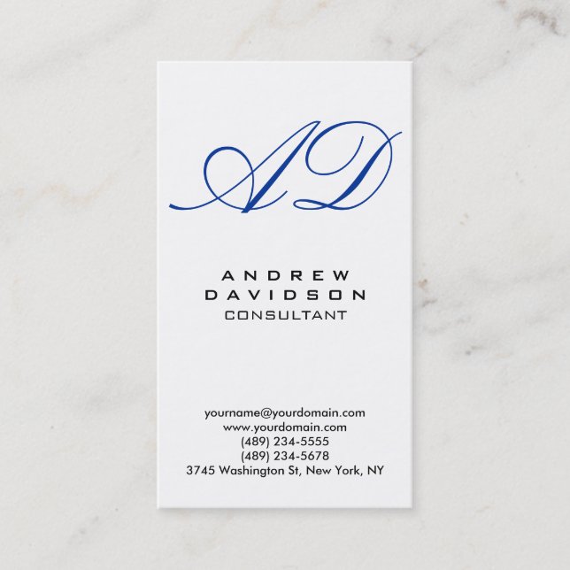 Carte de visite Monogramme blanc bleu vertical (Devant)