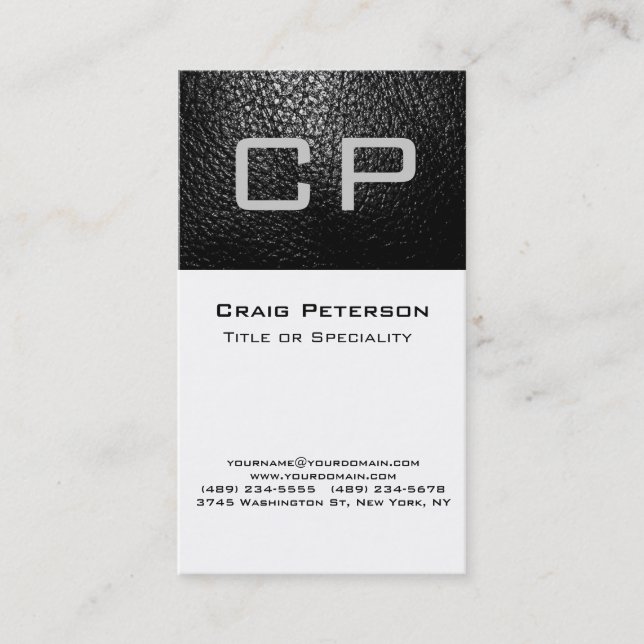 Carte de visite Monogramme blanc en cuir gris vert (Devant)