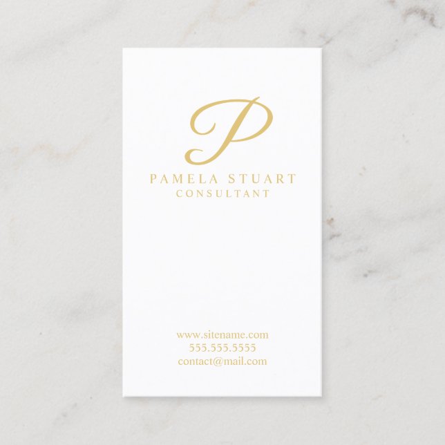 Carte De Visite Monogramme blanc et or élégant (Devant)
