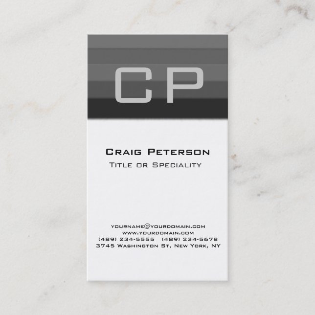 Carte de visite Monogramme blanc noir gris vertica (Devant)