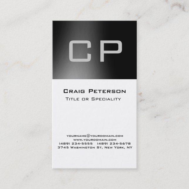 Carte de visite Monogramme blanc noir gris vertica (Devant)