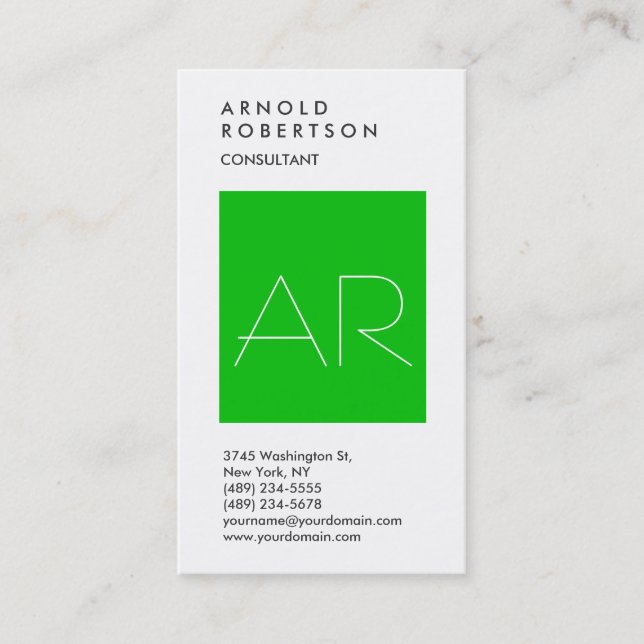 Carte de visite Monogramme blanc vert vertical (Devant)