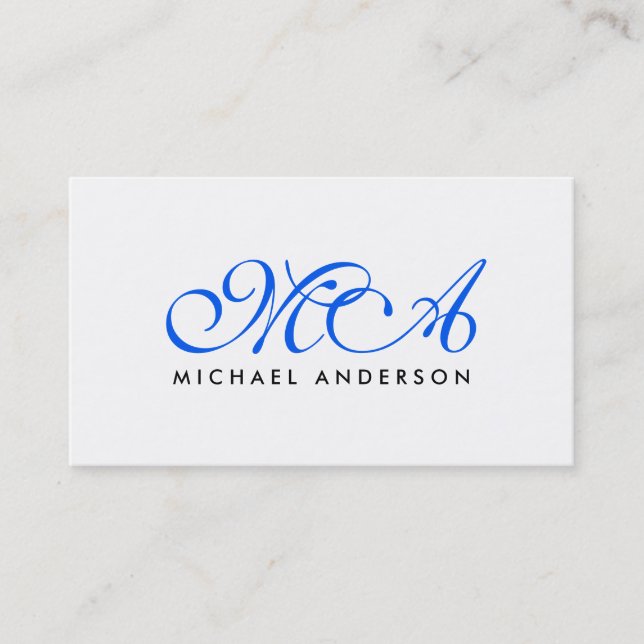 Carte De Visite Monogramme bleu foncé Élégant Script blanc clair (Devant)