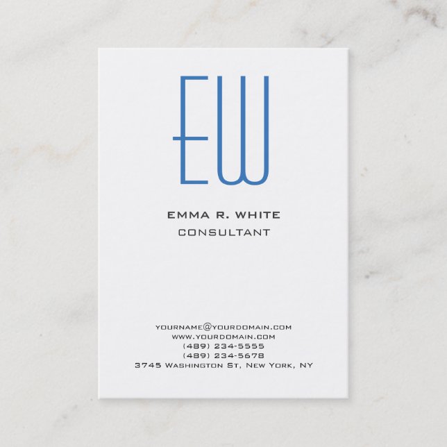 Carte De Visite Monogramme bleu moderne blanc professionnel (Devant)