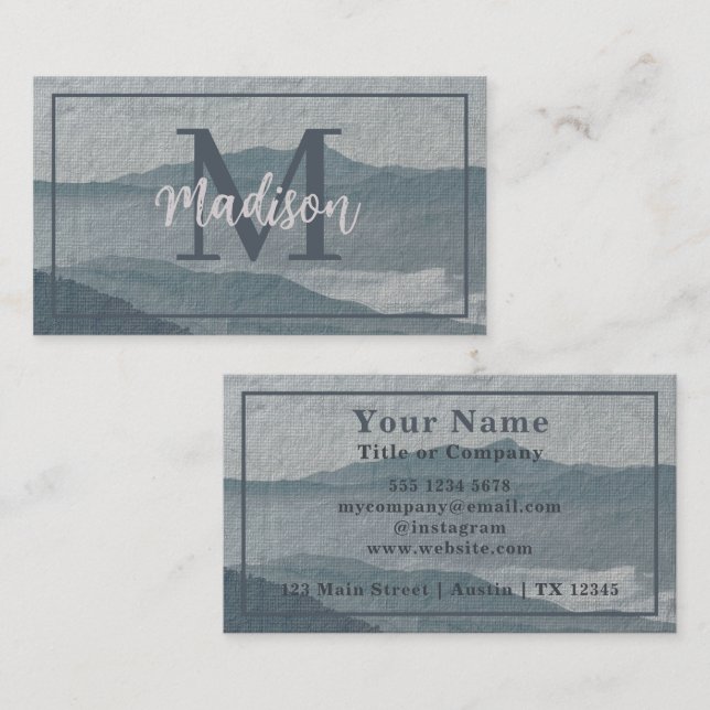 Carte De Visite Monogramme Blue Grey Mountain Waterton Art (Devant / Derrière)