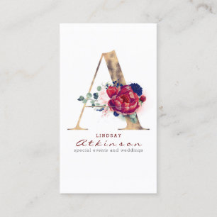 Carte De Visite Monogramme Bourgogne Gold et Navy Blue Floral