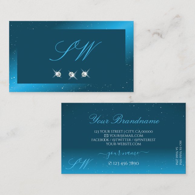 Carte De Visite Monogramme brillant Turquoise brillant brillant (Devant / Derrière)