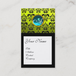 Carte De Visite MONOGRAMME CARRÉ de DAMASSÉ, jaune bleu vert bleu