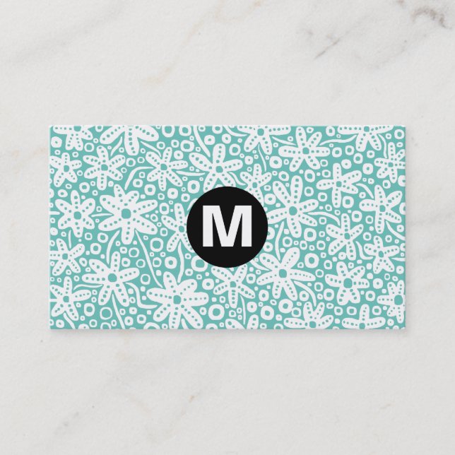 Carte De Visite Monogramme central - Design de fleurs - Lt Aqua (Devant)