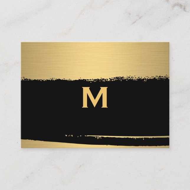 Carte De Visite Monogramme chic sur noir/or brossé (Devant)