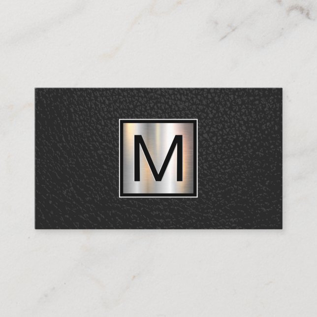 Carte De Visite Monogramme Chrome bannière métallique | Noir cuir (Devant)