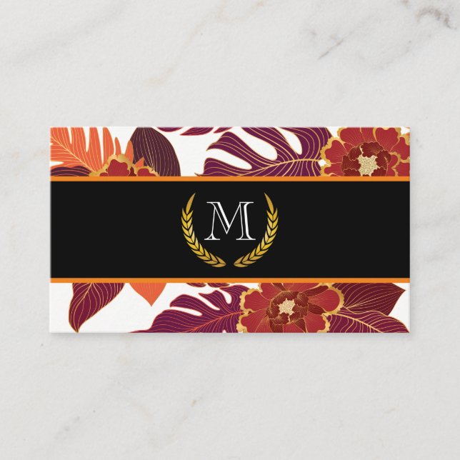 Carte De Visite Monogramme classique | Feuilles d'or | Modèle flor (Devant)