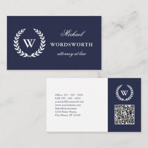 Carte De Visite Monogramme Classique Professionnel Bleu Blanc QR C