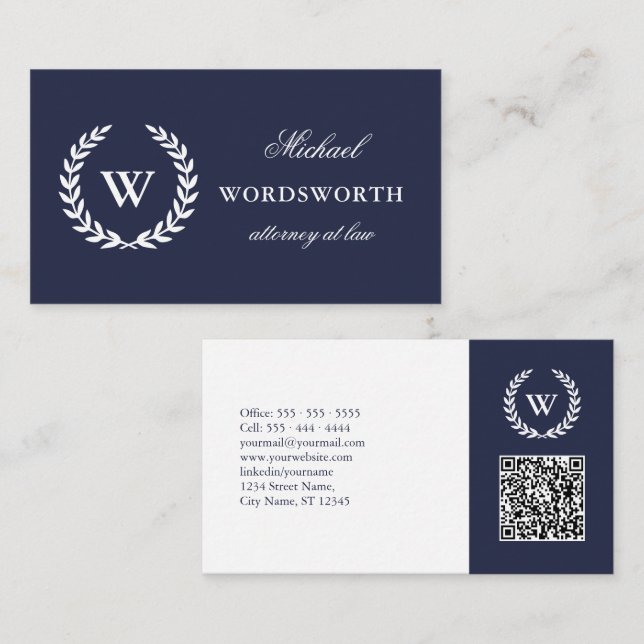 Carte De Visite Monogramme Classique Professionnel Bleu Blanc QR C (Devant / Derrière)