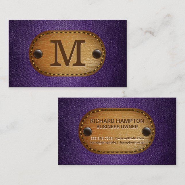 Carte De Visite Monogramme | Cuir Brown | Tissu pourpre (Devant / Derrière)