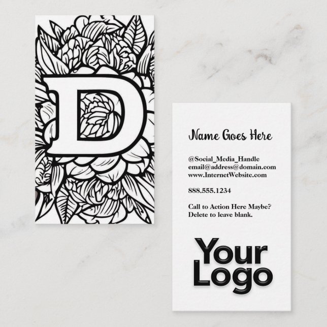 Carte De Visite Monogramme D Floral Black and White Company Logo (Devant / Derrière)