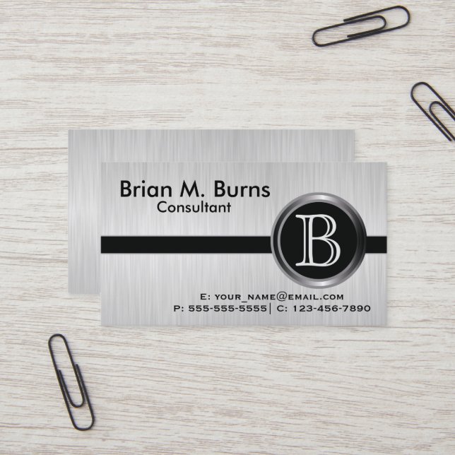 Carte De Visite Monogramme d'acier à brosse blanche (Devant/Arrière en situation)