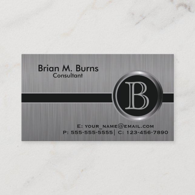 Carte De Visite Monogramme d'acier à brosse noire (Devant)
