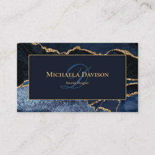 Carte De Visite Monogramme d'agate bleu marine or élégant