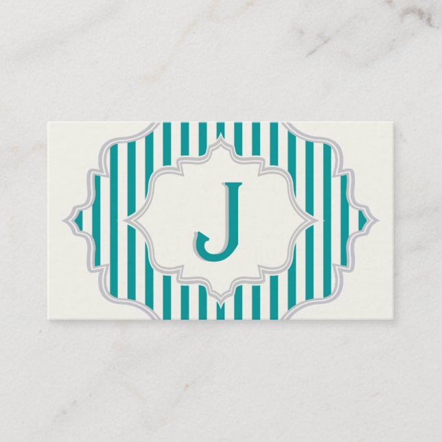 Carte De Visite Monogramme dans un cadre à rayures turquoises et b (Devant)