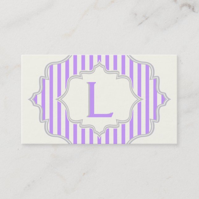 Carte De Visite Monogramme dans un cadre à rayures violettes, blan (Devant)