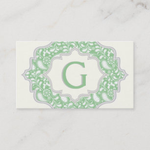 Carte De Visite Monogramme dans un cadre avec cachemire vert, blan