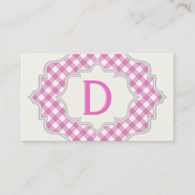 Carte De Visite Monogramme dans un cadre rose, blanc en vichy (Devant)