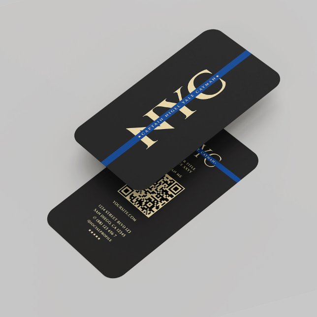 Carte De Visite Monogramme d'application de la loi de la ligne ble (Modern Blue Line Law Enforcement Monogram Gold Business Card
)