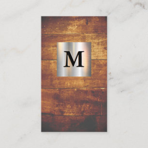 Carte De Visite Monogramme de bannière métallique   Bois franc