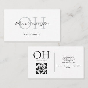 Carte De Visite Monogramme de code QR de script noir blanc moderne