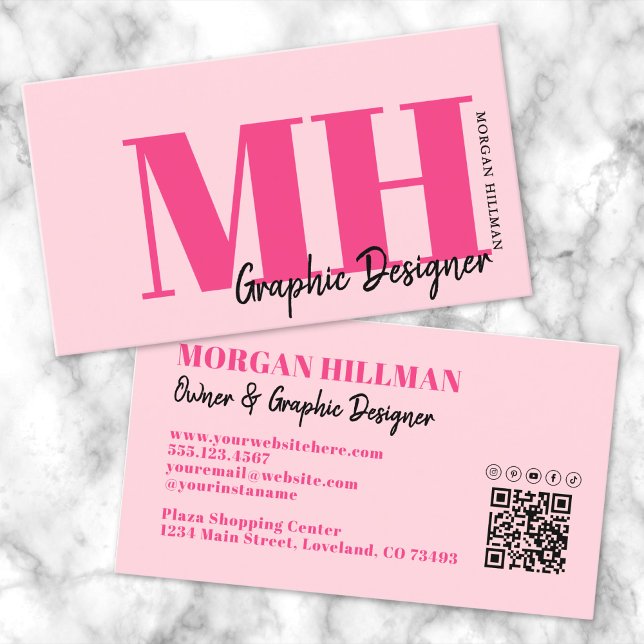 Carte De Visite Monogramme de code QR moderne rose chaud (Hot Pink Modern QR Code Monogram Business Card)