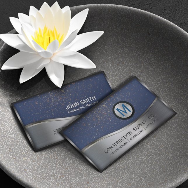 Carte De Visite Monogramme de construction LOGO Métal argenté Bleu (Créateur téléchargé)