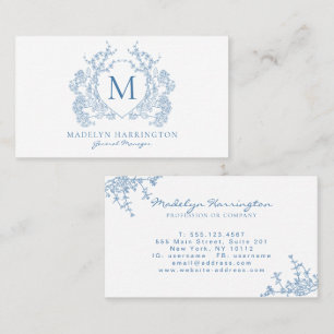 Carte De Visite Monogramme de crête Florale Bleu Français Classiqu