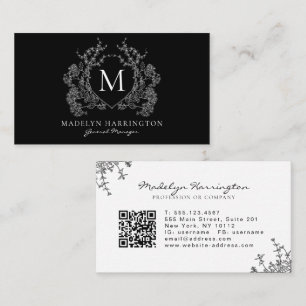 Carte De Visite Monogramme de crête florale noir moderne QR Code