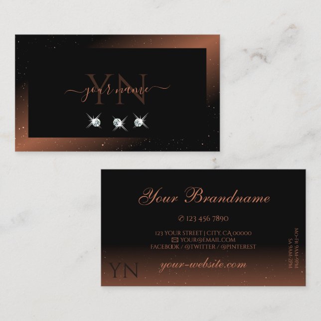 Carte De Visite Monogramme de diamants brillants rougeâtres noirs  (Devant / Derrière)